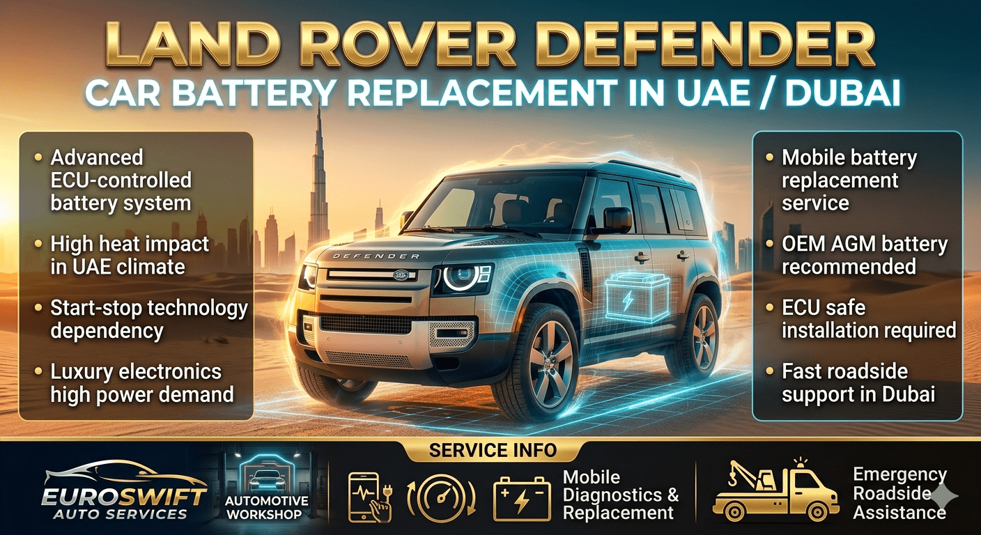 Luxury infographic showing Land Rover Defender battery replacement in UAE with Dubai skyline background, highlighting ECU system, battery warning signs, and professional mobile service features.