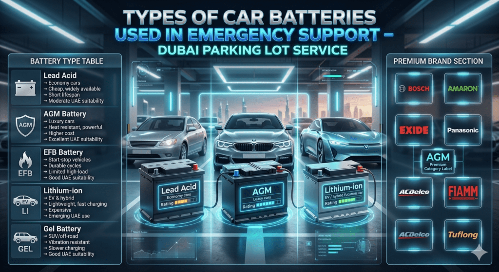 Car battery types comparison in Dubai emergency support service showing AGM, lead acid, EFB, lithium-ion and gel batteries with premium brand list and automotive infographic design.