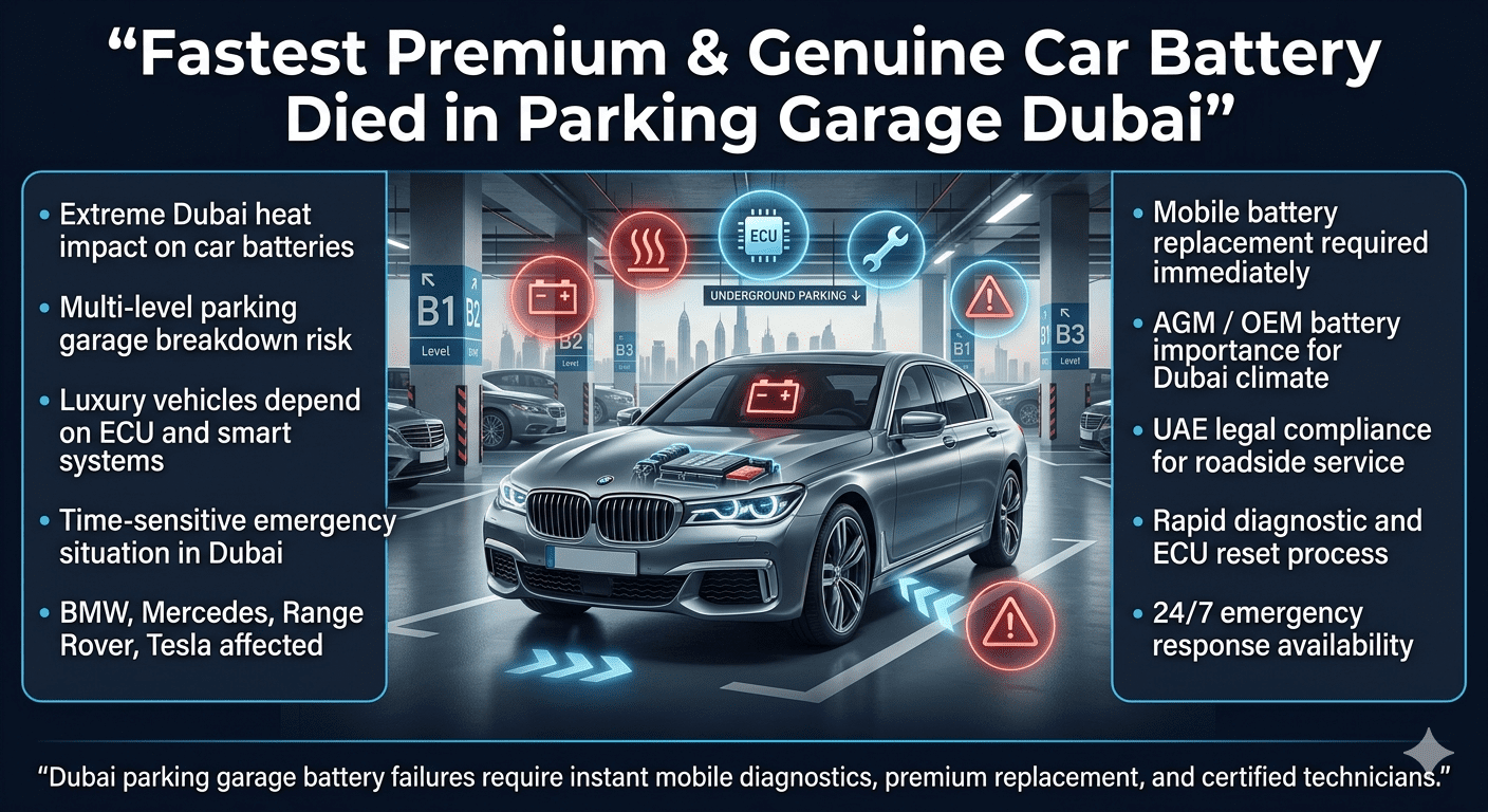 Luxury car battery failure infographic inside Dubai parking garage showing emergency replacement steps, ECU warning, and mobile service guide.