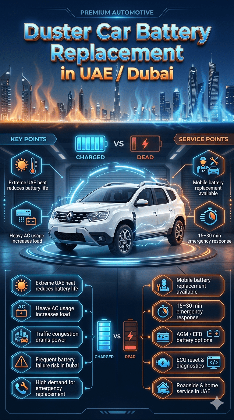 Renault Duster car battery replacement service infographic in UAE Dubai showing emergency roadside support, battery failure causes, and mobile installation services in extreme heat conditions.