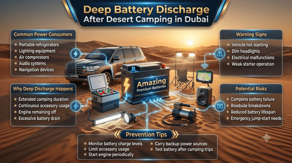 Professional automotive infographic showing deep battery discharge caused by desert camping equipment, featuring a premium car battery connected to refrigerators, lighting systems, air compressors, navigation devices, and other power-consuming accessories.