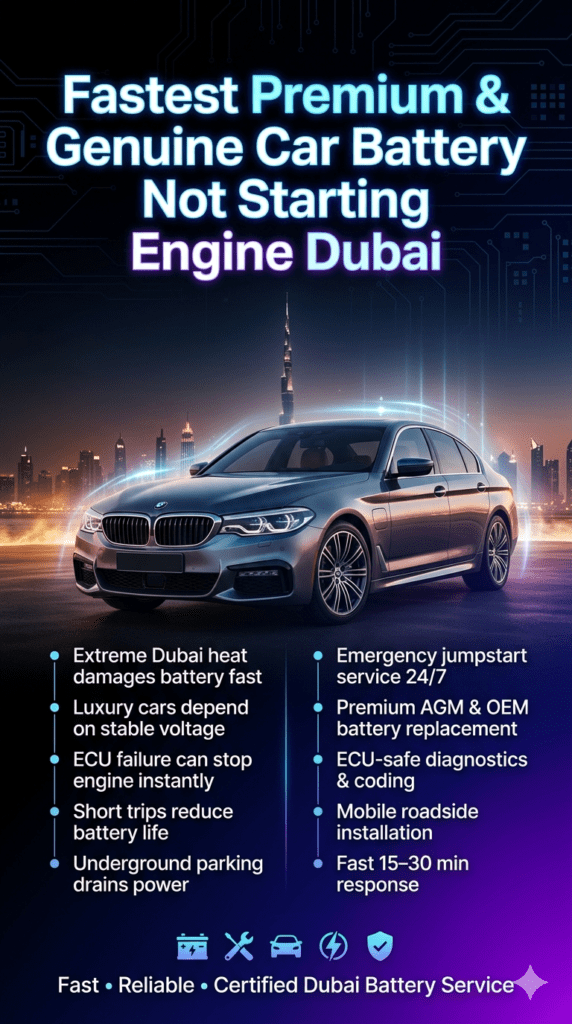 Luxury car battery failure infographic in Dubai showing no-start engine problem, emergency roadside battery service points, and premium automotive diagnostics with modern skyline background.