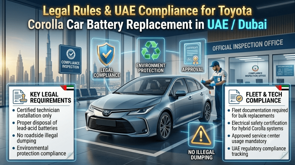 UAE legal rules and compliance for Toyota Corolla Car Battery Replacement in Dubai showing certified technician requirement, battery disposal laws, and environmental safety regulations infographic.