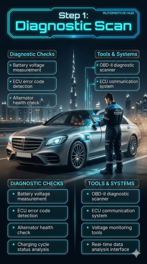 Luxury car OBD-II diagnostic scan in Dubai showing battery voltage, ECU errors, and alternator health check during breakdown service