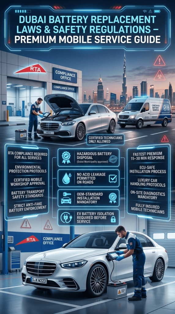 Infographic showing Dubai car battery replacement regulations including certified technicians, safe disposal rules, OEM installation standards, EV battery safety isolation, and RTA compliance requirements.