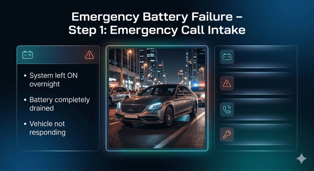 Emergency battery failure infographic showing Step 1 emergency call intake with system left on overnight, battery fully drained, and vehicle not responding, centered around a luxury car breakdown roadside assistance scene.