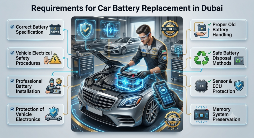 Requirements for Car Battery Replacement in Dubai – Safety & Installation Guide Professional car battery replacement requirements in Dubai showing safe installation, correct battery specifications, electronics protection, and proper disposal procedures.