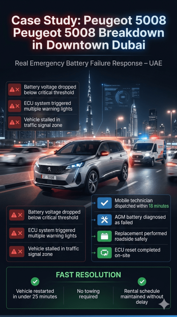 Peugeot 5008 case study infographic showing battery breakdown in Downtown Dubai, mobile repair response, AGM battery replacement, and successful roadside resolution.