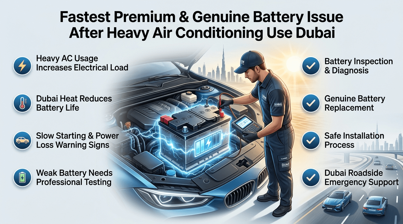 Fastest premium and genuine battery issue after heavy air conditioning use Dubai showing car battery problems, Dubai heat impact, AC electrical load, and professional battery replacement service.
