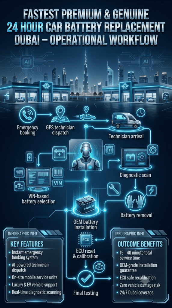 Fastest Premium & Genuine 24 Hour Car Battery Replacement Dubai – Service Workflow Process Futuristic automotive infographic showing step-by-step operational workflow for 24-hour car battery replacement in Dubai including booking, dispatch, diagnostics, installation, ECU reset, and final testing process.