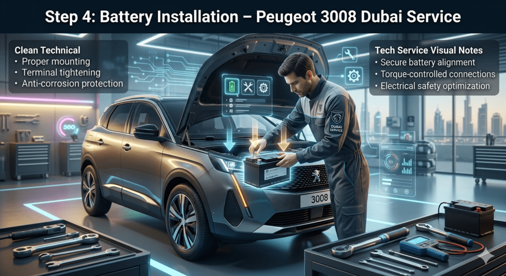 Technician installing a battery in Peugeot 3008 SUV inside a futuristic Dubai workshop, showing proper mounting, terminal tightening, and anti-corrosion protection steps.