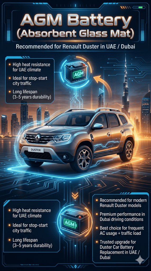AGM battery infographic for Renault Duster car battery replacement in UAE Dubai showing benefits like heat resistance, long lifespan, and suitability for stop-start traffic conditions.