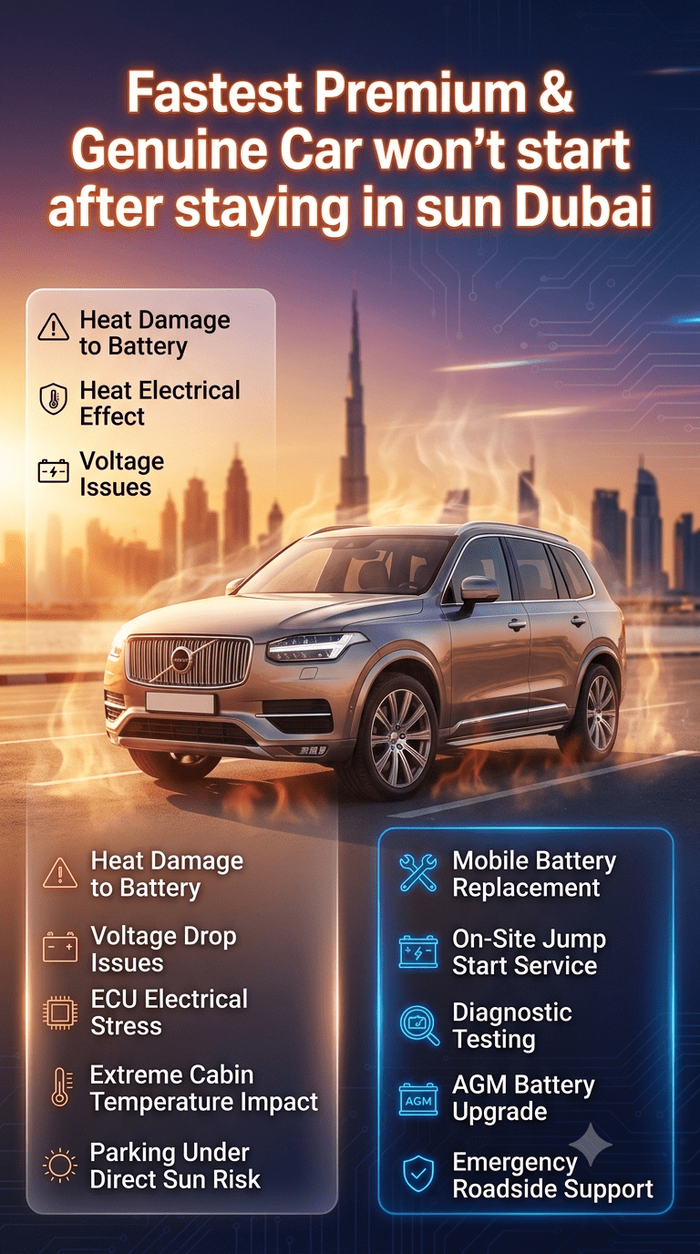 Luxury infographic showing a premium car overheating in Dubai sun with heat waves, battery warning issues, and roadside assistance solutions for cars that won’t start after extreme heat exposure.