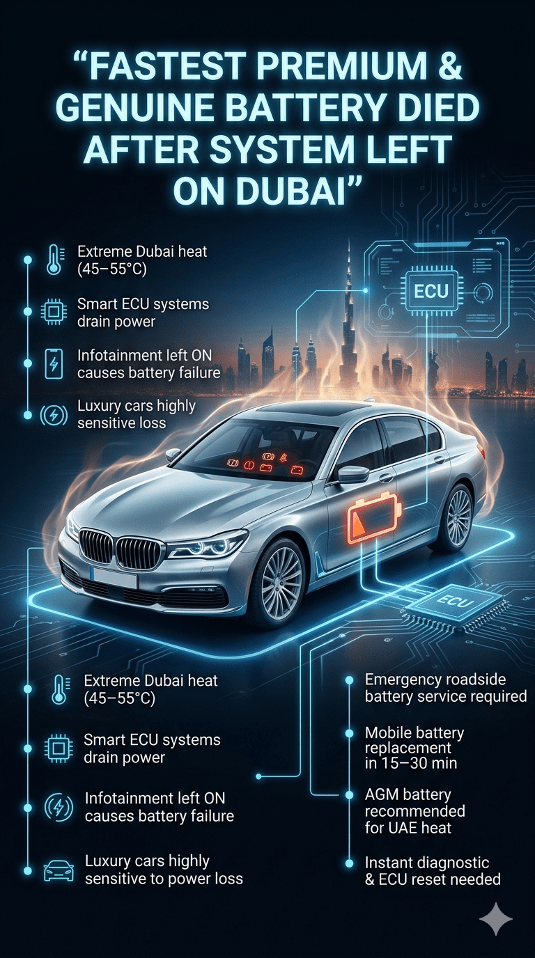 Luxury car battery failure infographic showing Dubai heat impact, ECU drain, and emergency roadside battery replacement guidance.