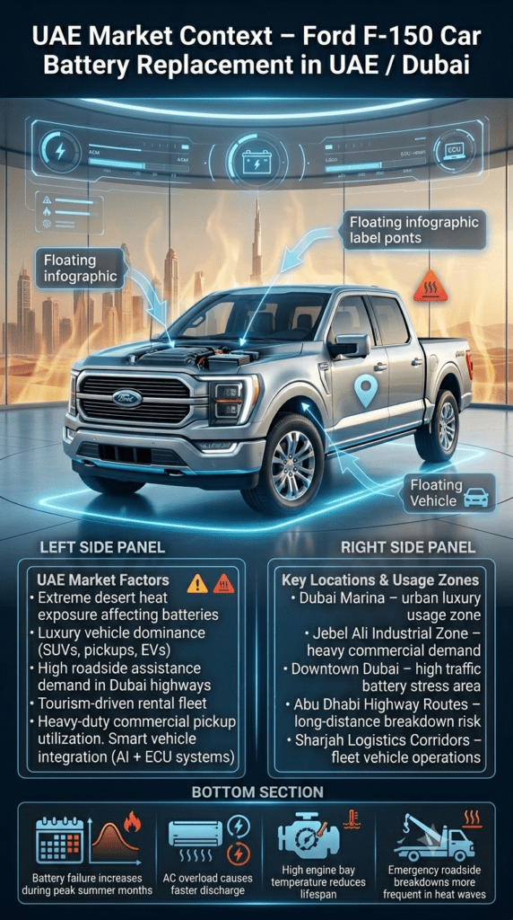 UAE Market Context – Ford F-150 Battery Replacement in Dubai & UAE Ford F-150 UAE market infographic showing desert heat impact, Dubai service locations, luxury vehicle usage, and battery failure risk factors in a modern futuristic design.