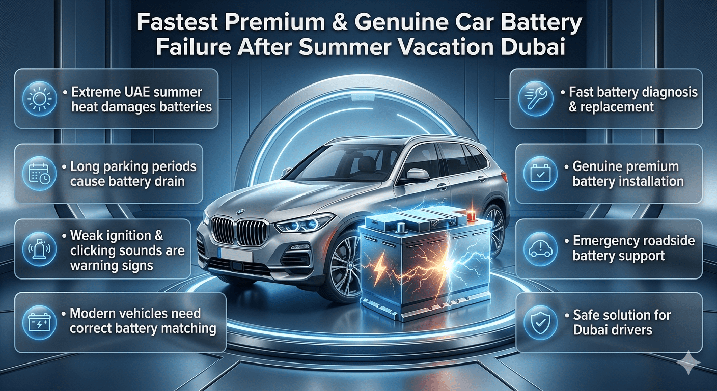Fastest Premium and Genuine Car Battery Failure After Summer Vacation Dubai showing luxury car battery replacement guide with UAE heat effects, battery drain problems, and professional roadside support.