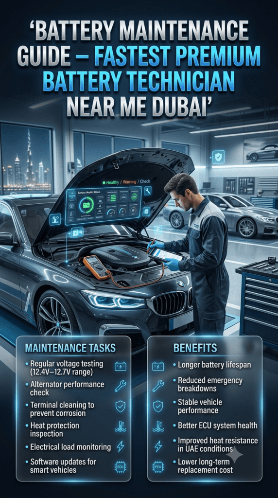 Battery Maintenance Guide Dubai β Fastest Premium Battery Technician Near Me Service Automotive maintenance infographic showing battery health checks and technician services in Dubai including voltage testing, alternator check, and corrosion prevention for car batteries.