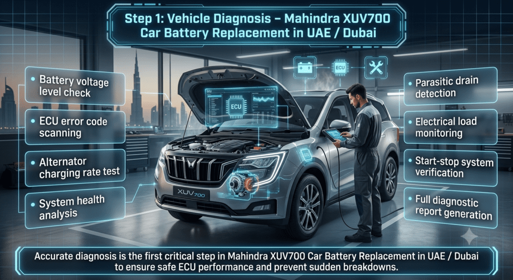 Automotive diagnostic process for Mahindra XUV700 showing battery voltage check, ECU scanning, alternator testing, and parasitic drain detection in a modern UAE workshop.