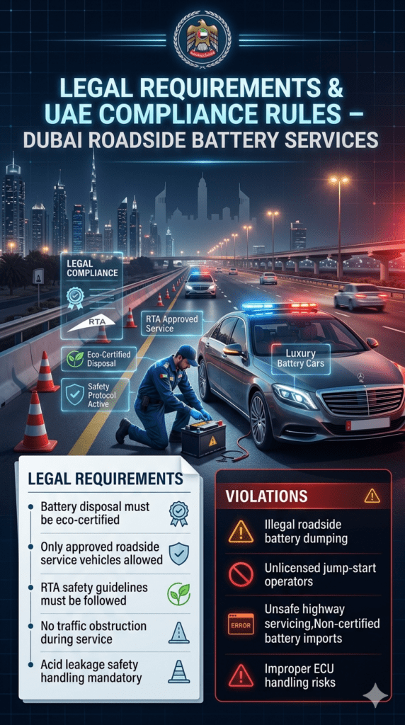 Infographic showing legal requirements and UAE compliance rules for roadside car battery services in Dubai including safety regulations, approved service standards, and violations.