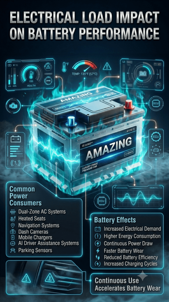 Professional automotive infographic showing how modern vehicle electrical systems increase battery load, featuring a premium battery surrounded by connected vehicle technologies, power consumption indicators, and battery wear factors in a futuristic automotive design.