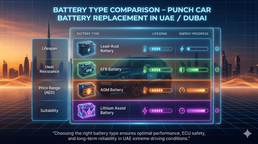 Battery Type Comparison Table – Punch Car Battery Replacement in UAE / Dubai “Futuristic comparison infographic showing Lead-Acid, EFB, AGM, and Lithium batteries with lifespan, heat resistance, and pricing for Tata Punch battery replacement in UAE.”