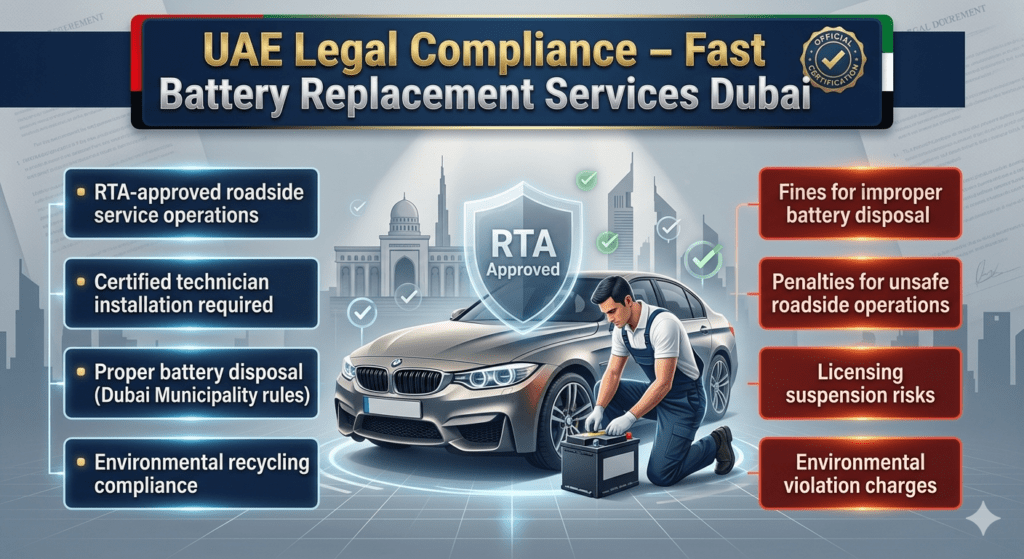 Legal compliance infographic showing UAE battery replacement regulations with certified technician, RTA approval symbols, and violation warnings in Dubai automotive service context.