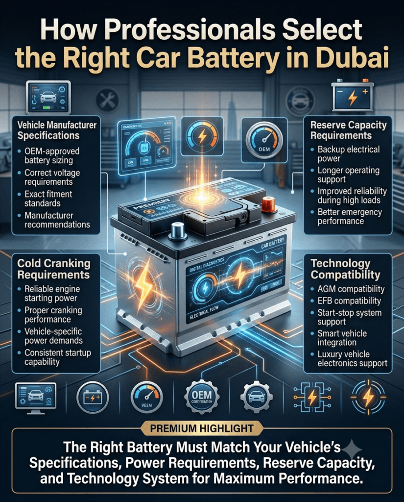 Premium automotive infographic showing the battery selection process based on vehicle manufacturer specifications, cold cranking requirements, reserve capacity requirements, and technology compatibility, centered around a genuine car battery.