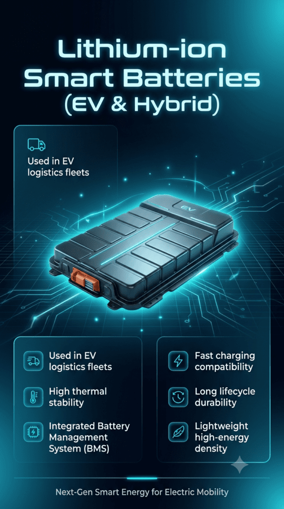 Lithium-ion Smart Batteries (EV & Hybrid) – Advanced Energy Technology Guide Futuristic infographic showing a lithium-ion smart battery for EV and hybrid vehicles in the center, with key features like thermal stability, BMS system, and fleet usage displayed on both sides in a clean tech-style layout.