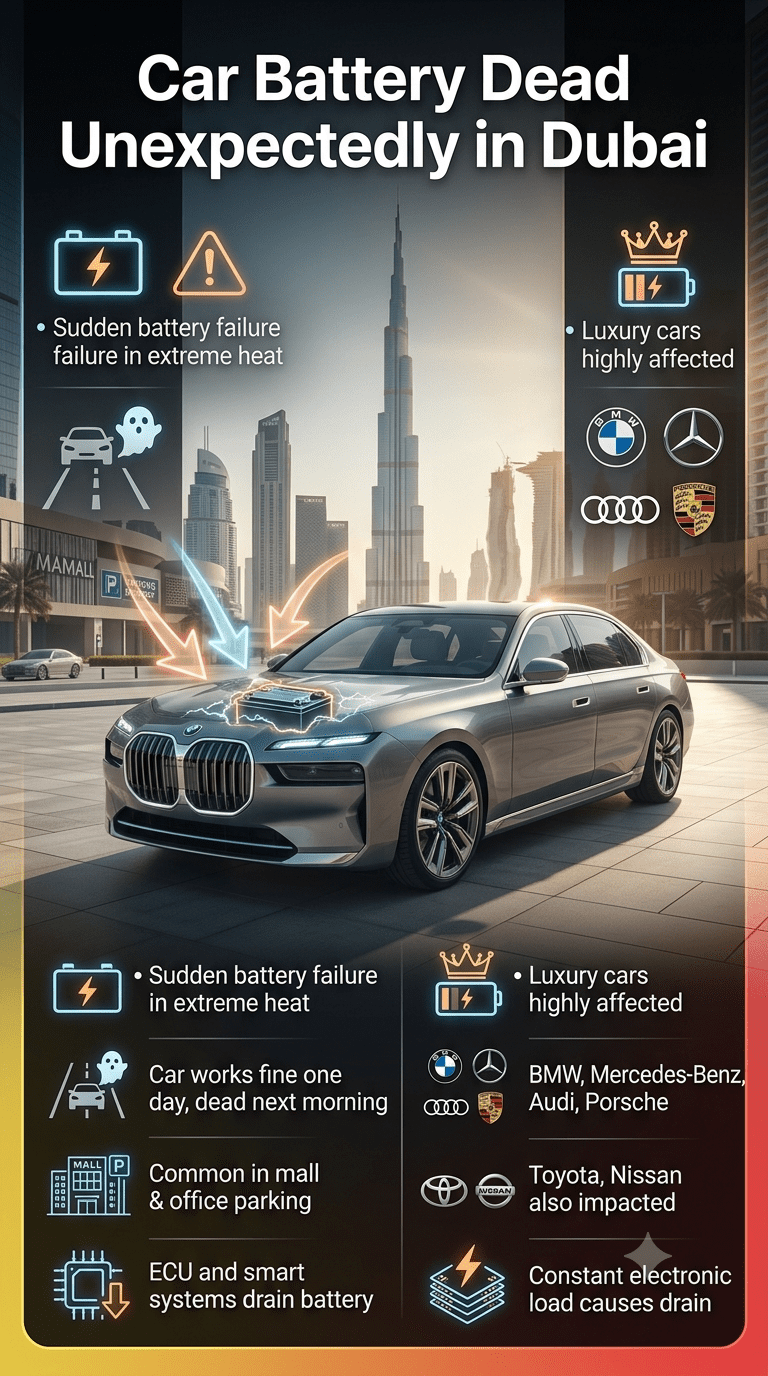 Premium automotive infographic showing “Car Battery Dead Unexpectedly in Dubai” with a luxury car in a Dubai skyline environment, highlighting heat-related battery failure causes and affected vehicle brands.