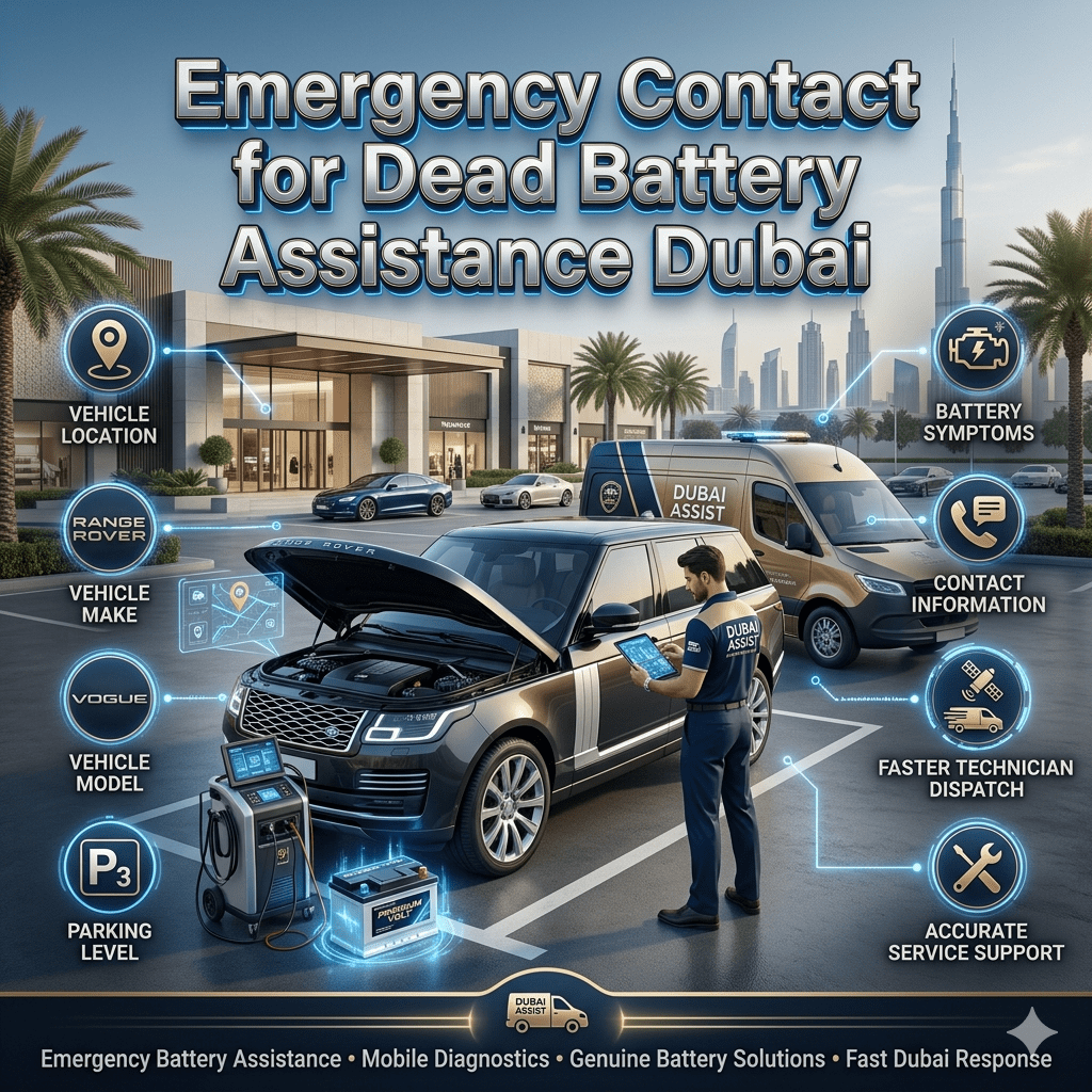 Luxury SUV in a Dubai shopping center parking area while a roadside battery technician receives emergency assistance information through a digital device.