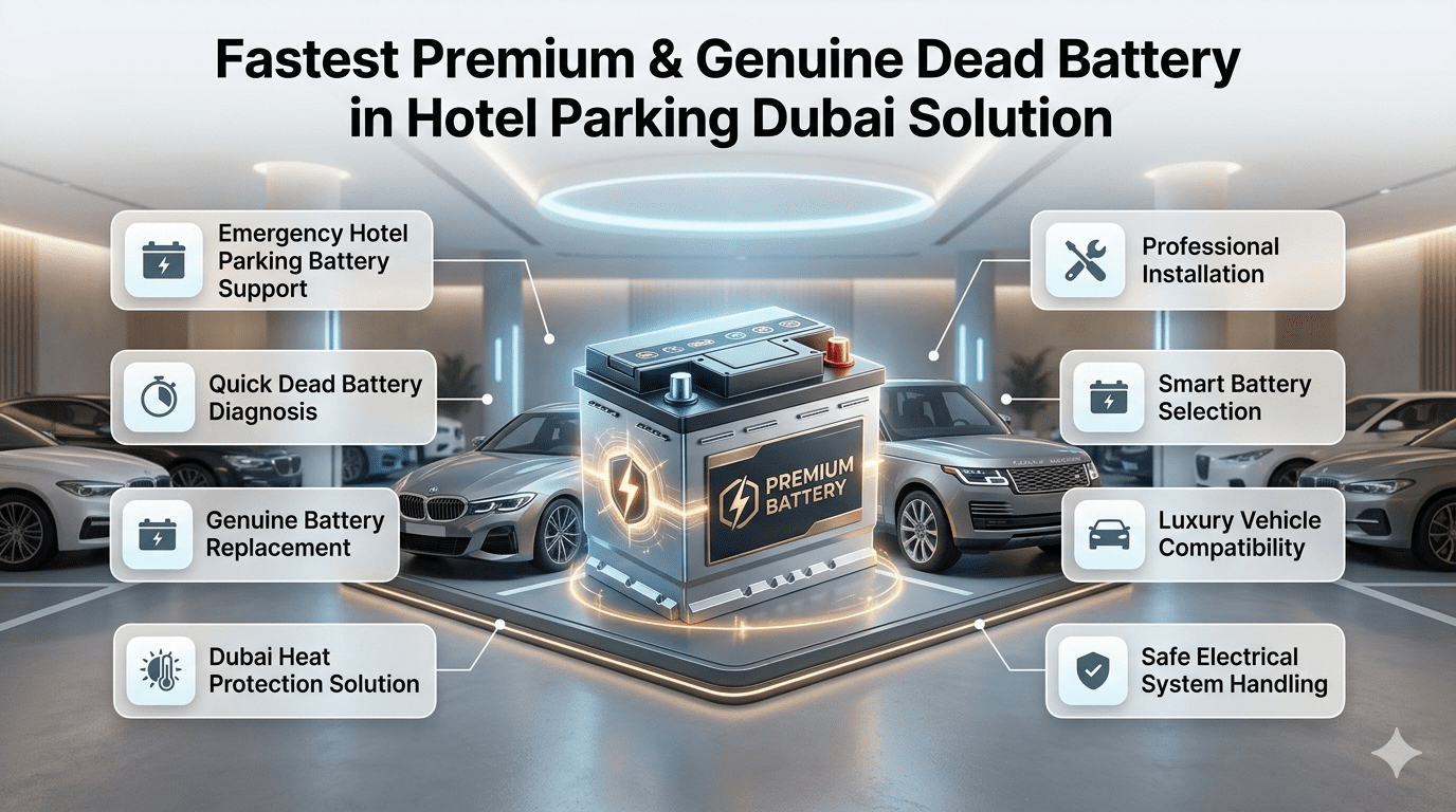 Fastest Premium and Genuine Dead Battery in Hotel Parking Dubai Solution showing emergency car battery replacement service, luxury vehicle support, and professional battery assistance in Dubai.