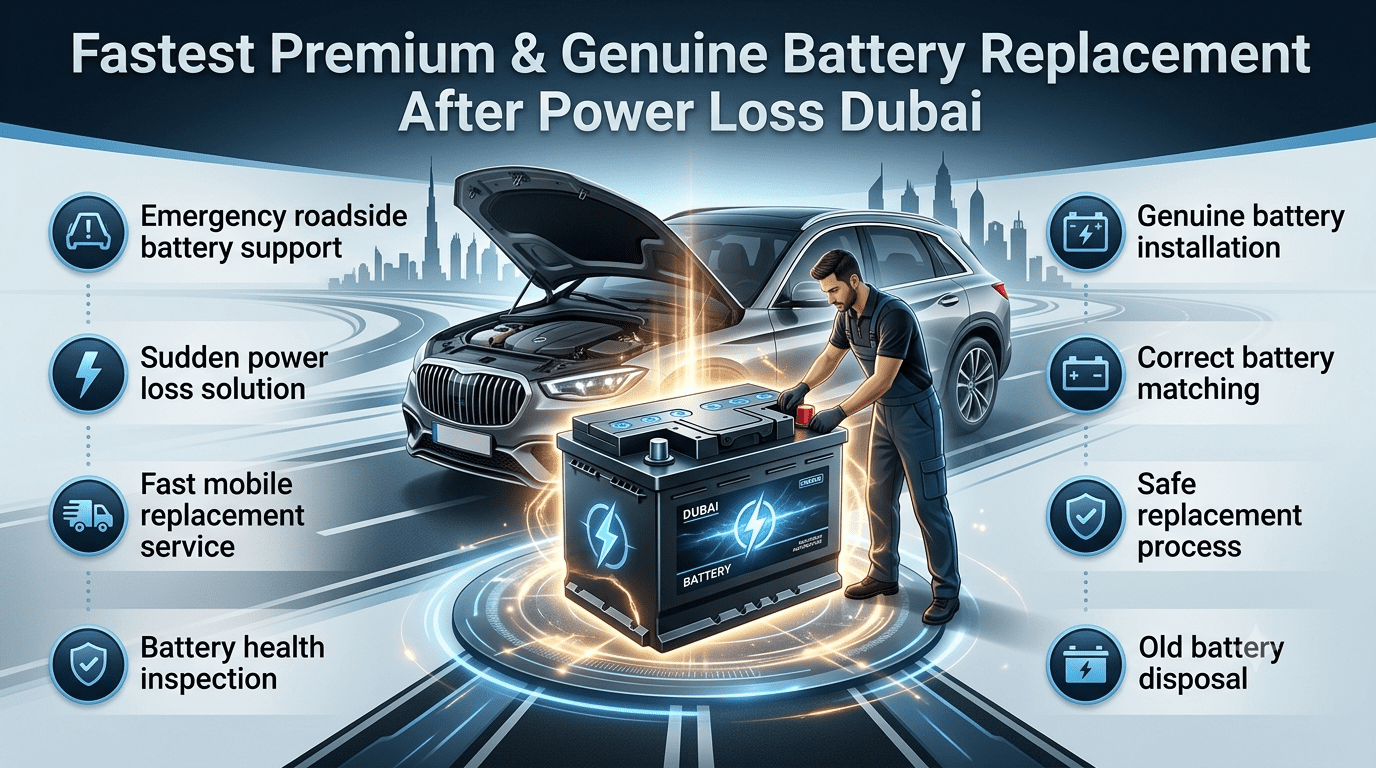 Fastest premium and genuine car battery replacement after power loss Dubai with roadside assistance, battery inspection, and professional installation service.