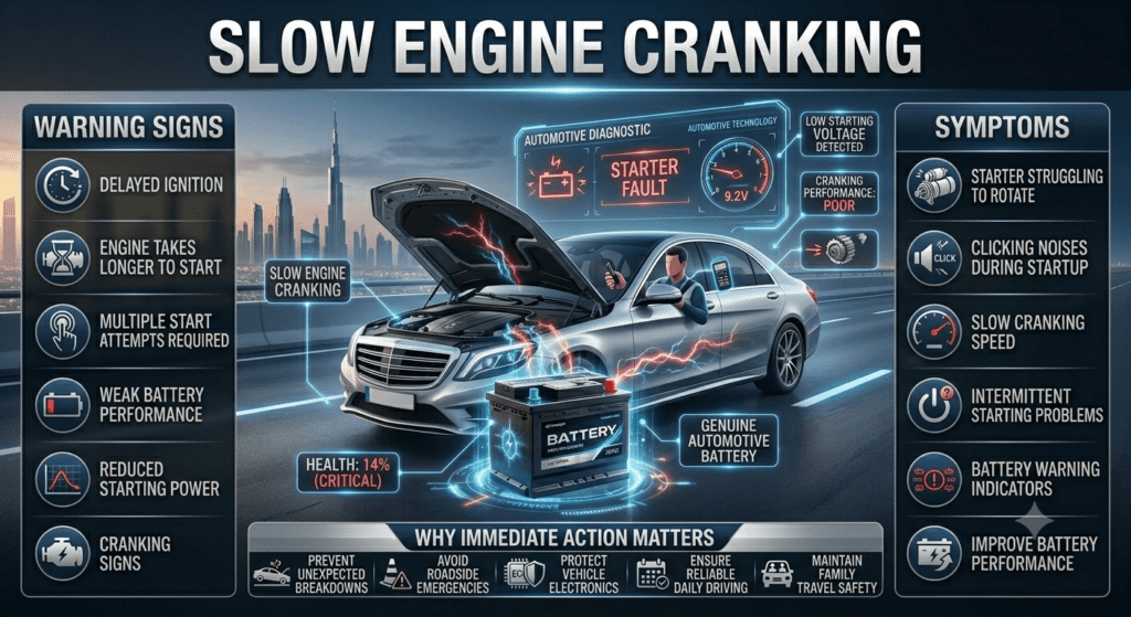 Professional automotive infographic showing slow engine cranking symptoms, delayed ignition, starter motor struggling to rotate, clicking noises, and battery warning indicators on a luxury vehicle in Dubai.