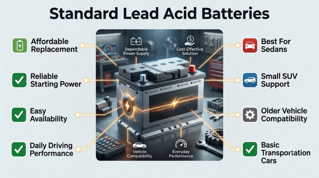 Standard Lead Acid Car Battery infographic showing affordable replacement, reliable starting power, daily performance, and compatibility with sedans and small SUVs.