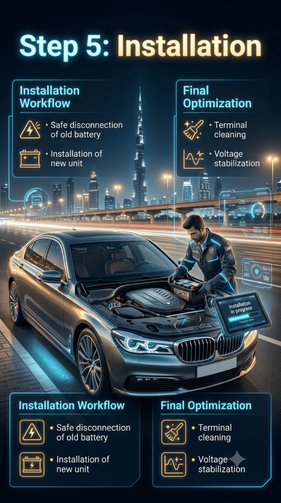 Step 5: Installation – Safe Battery Replacement & Voltage Stabilization in Dubai Mobile mechanic installing new car battery in Dubai luxury vehicle with safe disconnection, terminal cleaning, and voltage stabilization during roadside service.