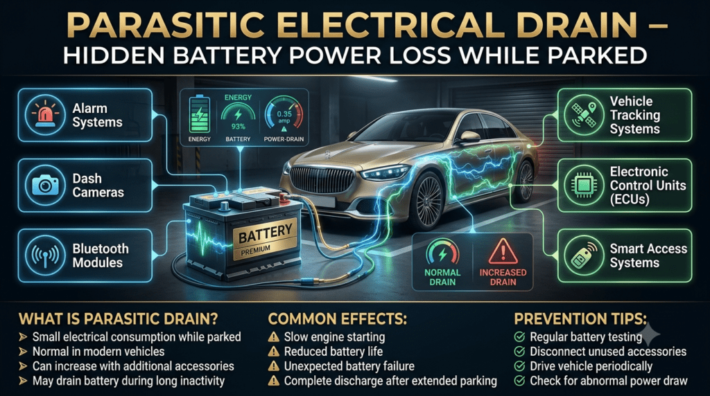 Premium automotive infographic showing parasitic electrical drain in a parked vehicle. A central car battery with glowing power-flow graphics is surrounded by animated callouts highlighting alarm systems, dash cameras, Bluetooth modules, vehicle tracking systems, electronic control units, and smart access systems. Modern educational design with high-end automotive styling.
