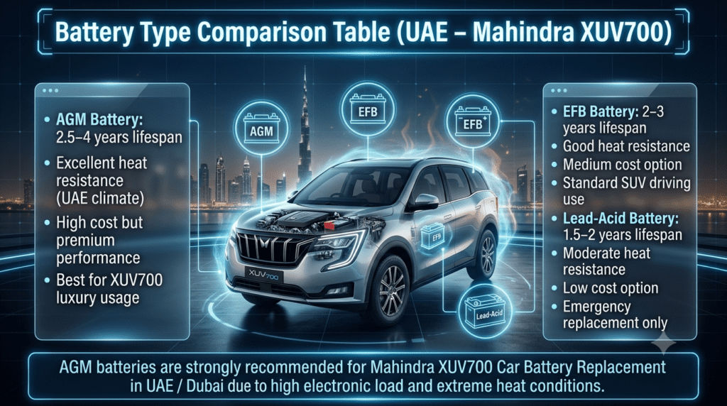 Infographic showing AGM, EFB, and Lead-Acid battery comparison for Mahindra XUV700 in UAE with lifespan, heat resistance, and usage recommendations.