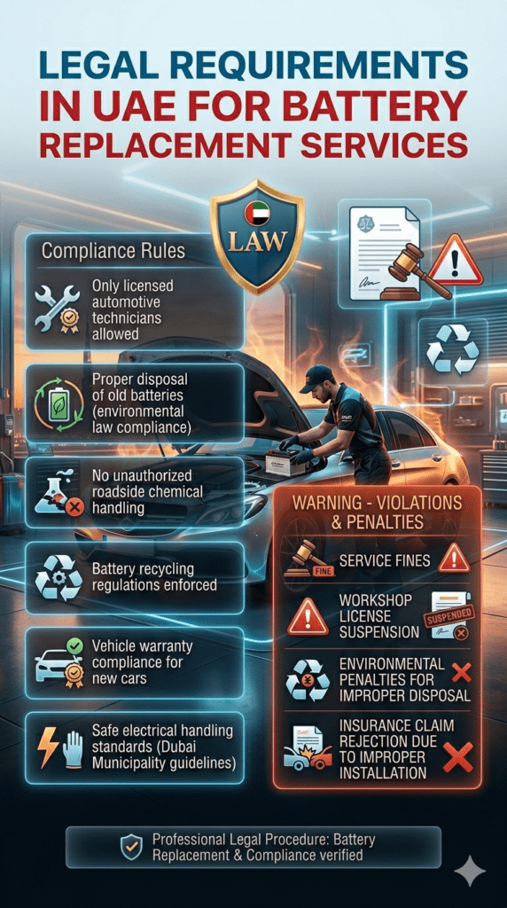 Infographic showing UAE legal requirements for car battery replacement services including licensed technicians, battery disposal rules, recycling laws, safety standards, and penalties for violations in a professional automotive workshop setting.