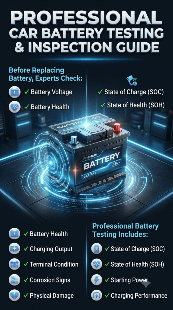 Professional Car Battery Testing & Inspection Guide Professional car battery testing and inspection guide showing battery voltage, health checks, charging output, SOC, SOH, and replacement evaluation steps.