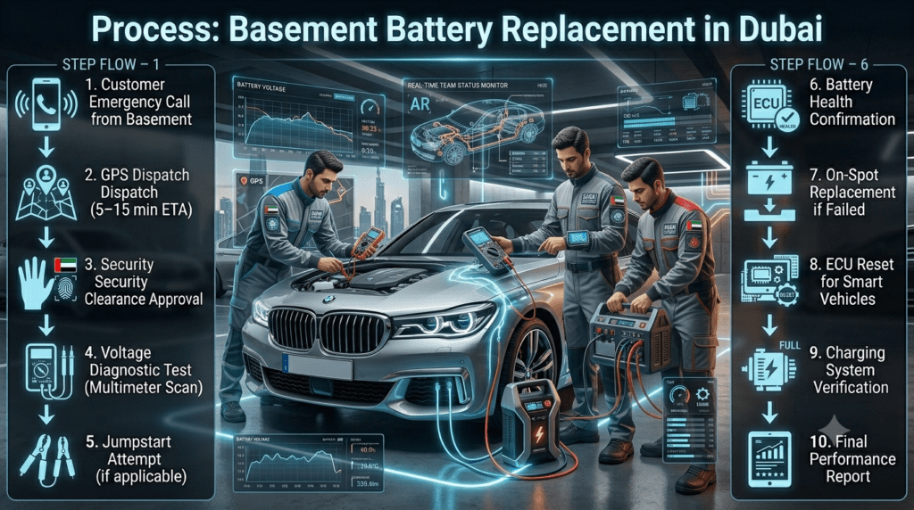 Step-by-step infographic showing car battery replacement process in Dubai basement parking with technician diagnostics, jumpstart, ECU reset, and final system check.