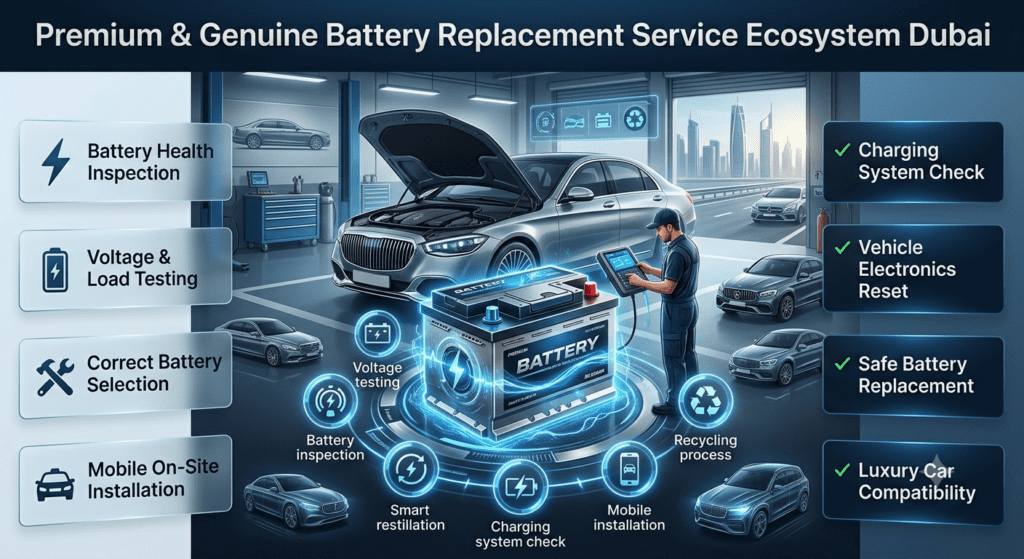 Premium and genuine car battery replacement service ecosystem Dubai showing battery inspection, voltage testing, mobile installation, vehicle diagnostics, and luxury car support