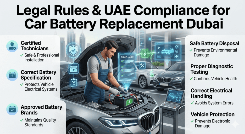 Legal rules and UAE compliance guide for car battery replacement in Dubai showing certified technicians, correct battery installation, safety checks, and approved disposal methods.