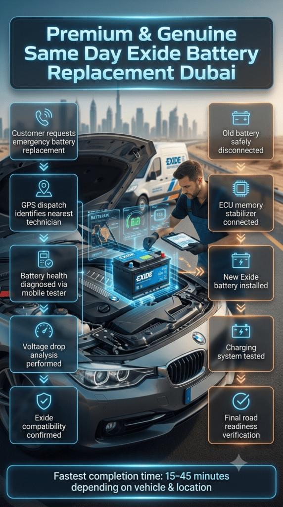 Premium and Genuine Same Day Exide Battery Replacement Dubai workflow infographic showing step-by-step mobile diagnostic, ECU-safe installation, and roadside battery replacement process with luxury car and technician.