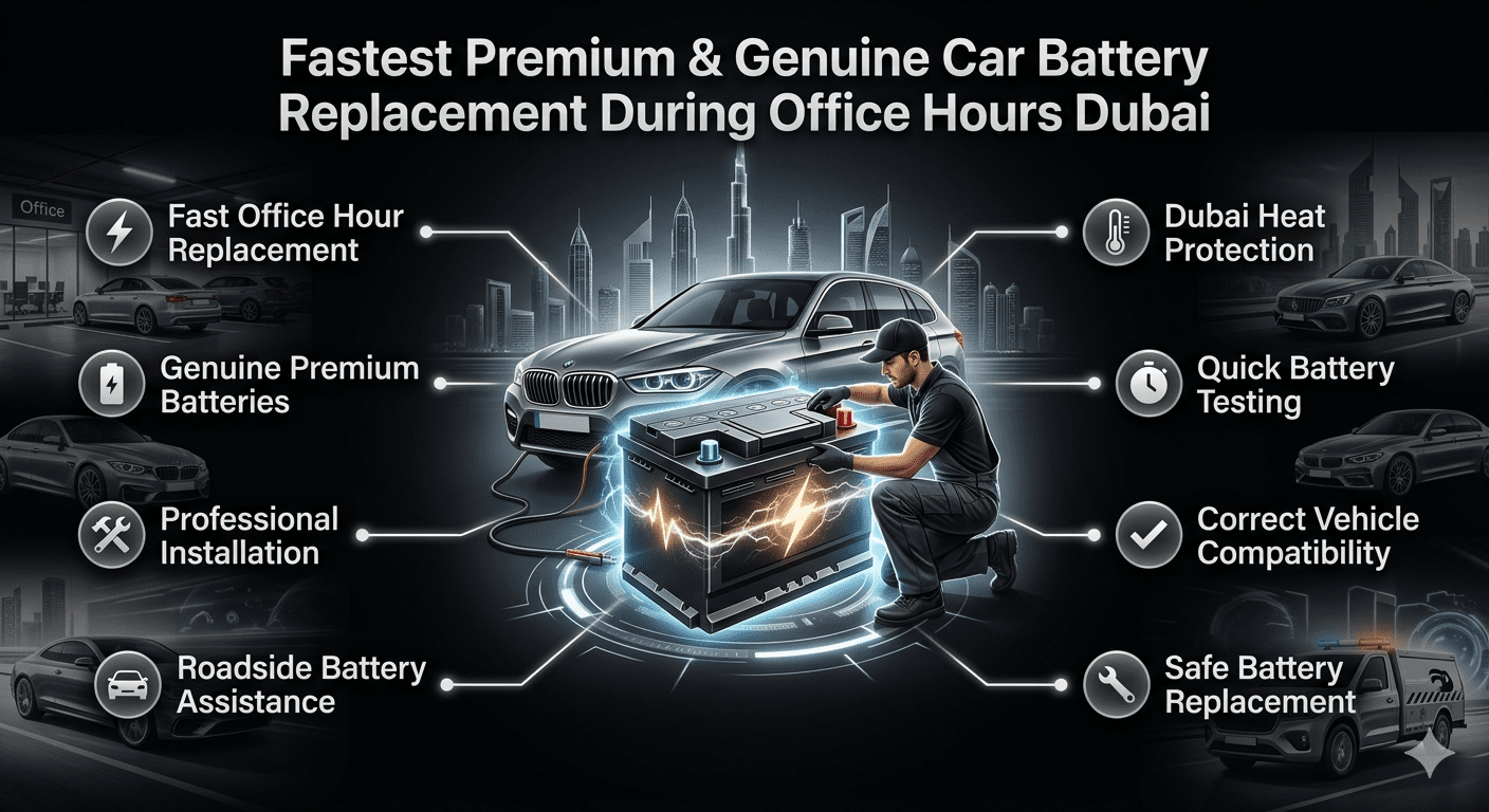 Fastest premium and genuine car battery replacement during office hours Dubai showing professional battery installation, roadside assistance, and Dubai vehicle service guide