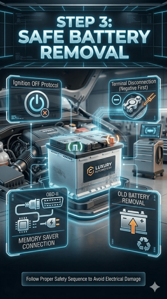 Infographic showing safe car battery removal steps including ignition off, memory saver connection, negative terminal disconnection, and battery removal.