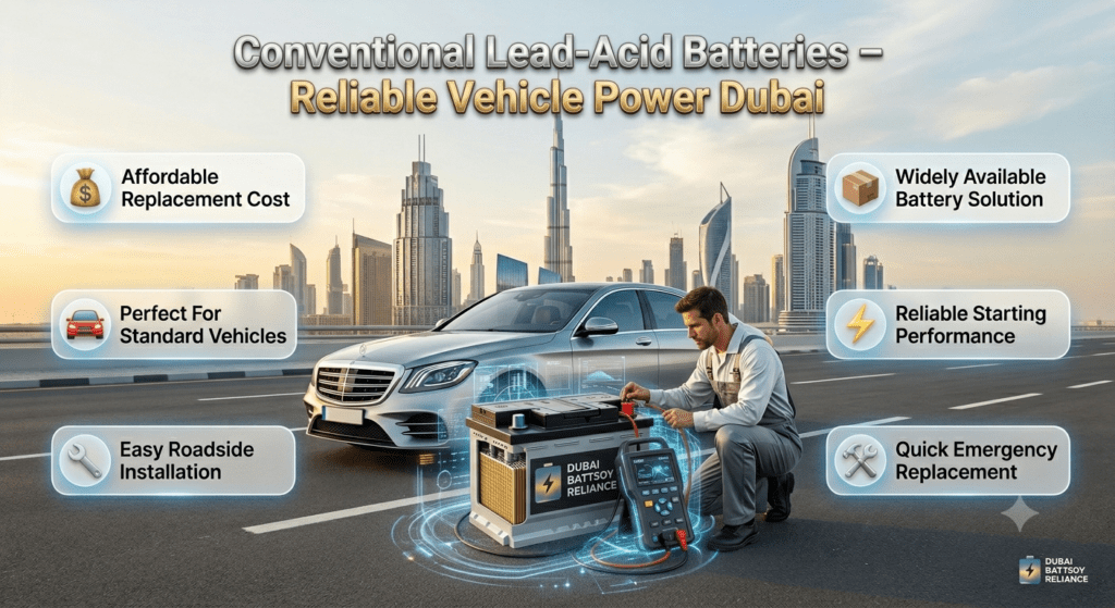 Conventional Lead-Acid Batteries Dubai – Reliable Car Battery Replacement Solution Conventional lead-acid car battery in Dubai showing affordable, reliable, and easy roadside replacement solution for standard vehicles.