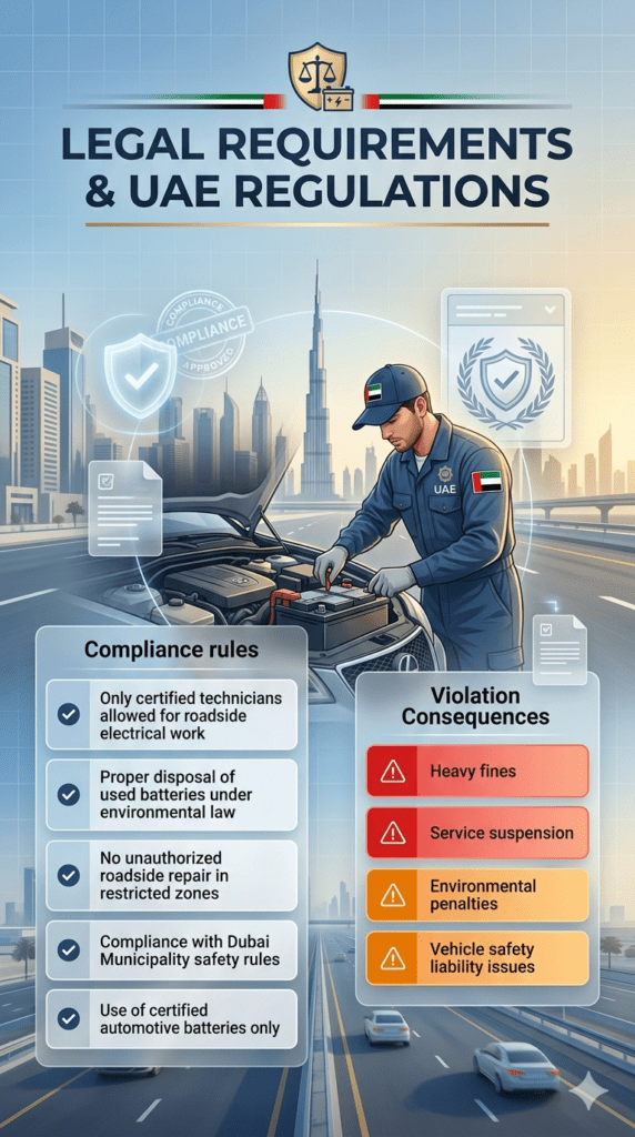 Infographic showing UAE legal requirements and regulations for roadside car battery replacement in Dubai including certified technicians, environmental disposal rules, restricted zones, and penalties for violations.