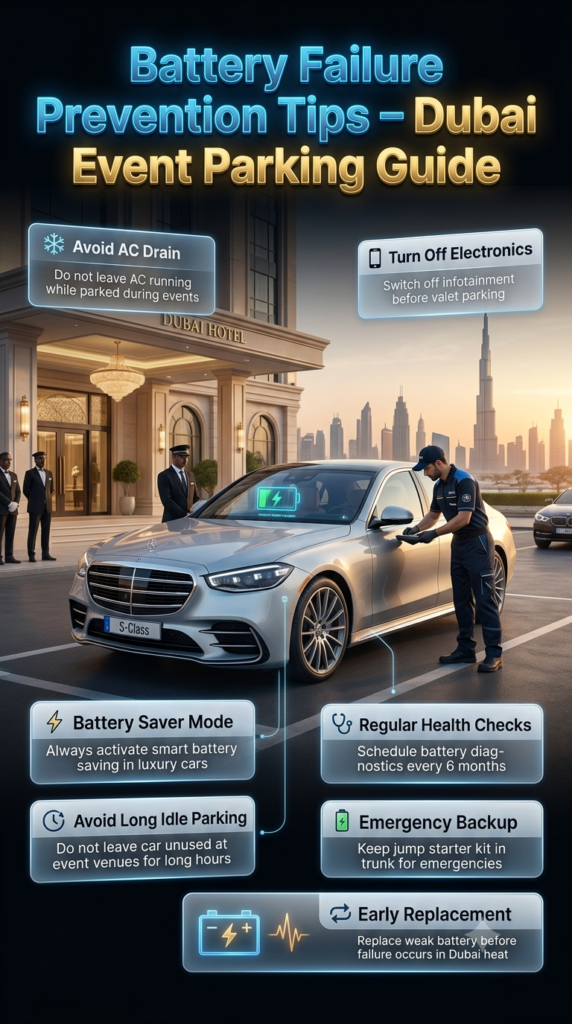 Luxury Dubai car battery prevention infographic showing tips like turning off AC, using battery saver mode, and regular maintenance for event parking situations.