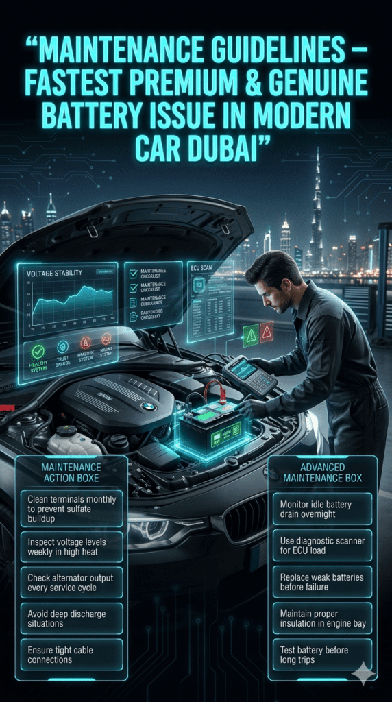 Maintenance Guidelines for Fastest Premium & Genuine Battery Issue in Modern Car Dubai – Complete Care Guide Automotive maintenance infographic showing battery care guidelines for Fastest Premium & Genuine Battery issue in modern car Dubai including voltage inspection, terminal cleaning, alternator checks, ECU diagnostics, and preventive battery maintenance.
