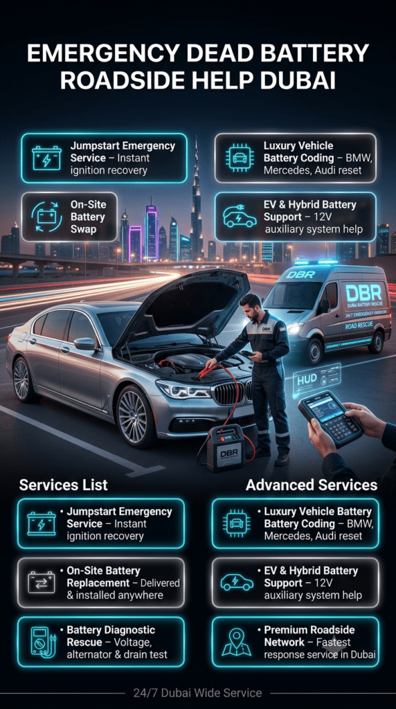 Emergency dead battery roadside help Dubai infographic showing jumpstart service, on-site battery replacement, diagnostic rescue, luxury vehicle coding, and EV battery support with professional technician and luxury car in Dubai skyline background.